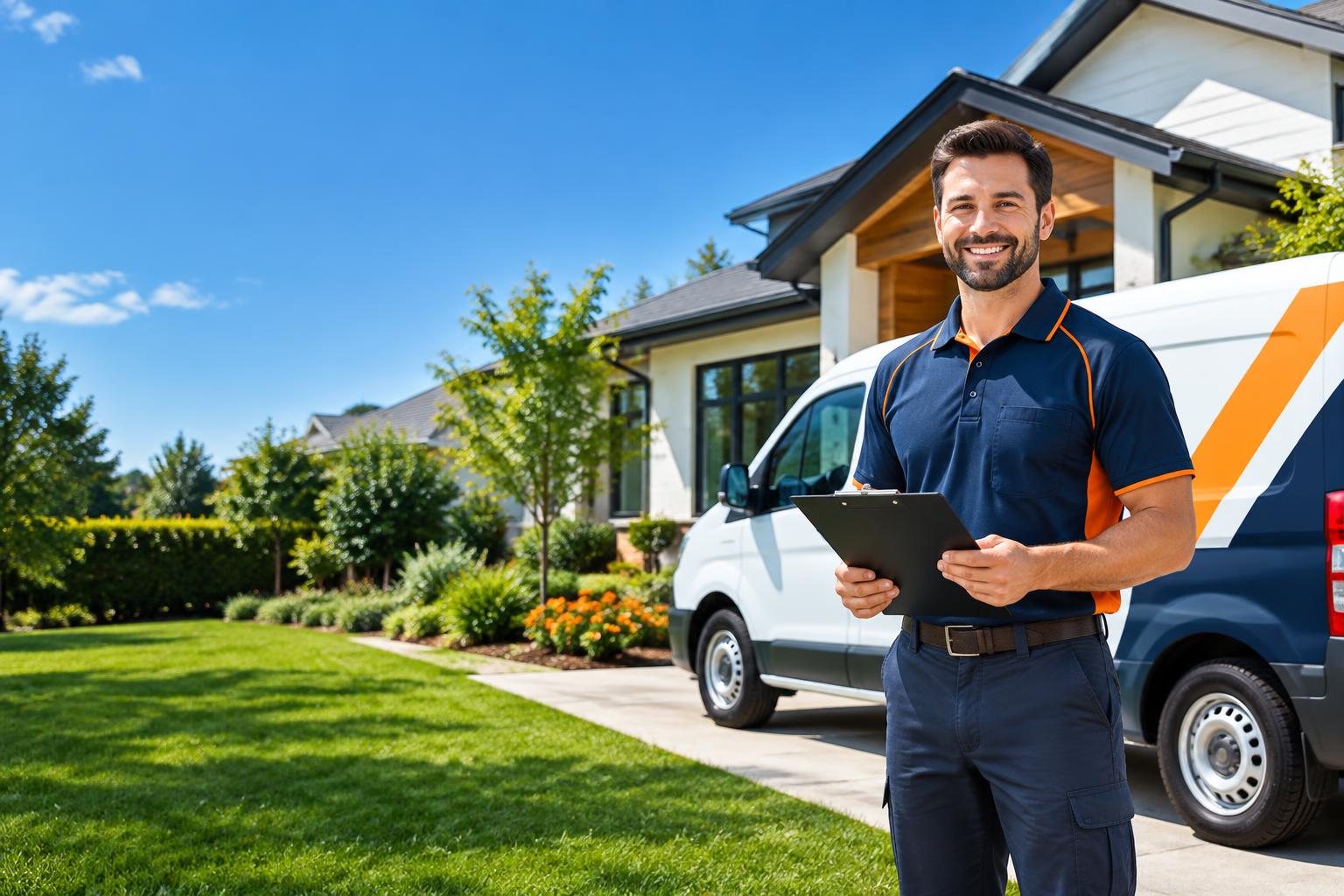 Home service professional beside a branded van at a modern home